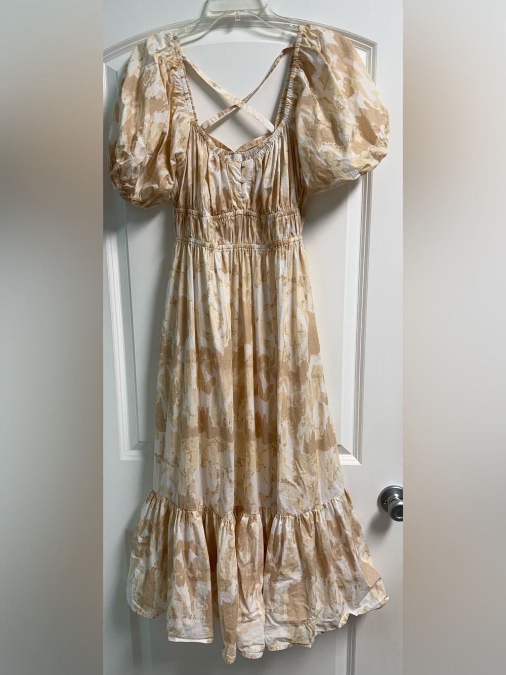 Cleobella Catalina Midi Dress Cream and Tan Puff Sleeves Sz Medium - Picture 3 of 12